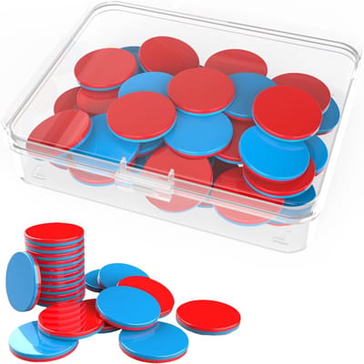 Rekenplaatjes 50 Stuks - Telchips Omkeerbaar - Wiskunde Leren - Dubbelzijdig Kleur - 25mm Diameter - Rood Blauw
