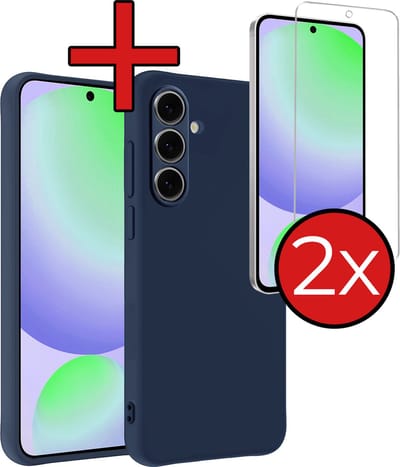 Hoesje - Met 2x Screenprotector - Geschikt voor Samsung Galaxy S24 FE - Sterk & Shockproof - Telefoon Hoes - Back Cover - Siliconen Case - Telefoonhoes - Donkerblauw