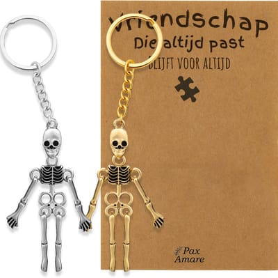 BFF Sleutelhanger voor 2 'Vriendschap die altijd past' - Magnetische Skeletjes - Sleutelhanger set op Cadeau Kaartje - Zilverkleurig & Goudkleurig - Vriendschap Symbool - Pax Amare