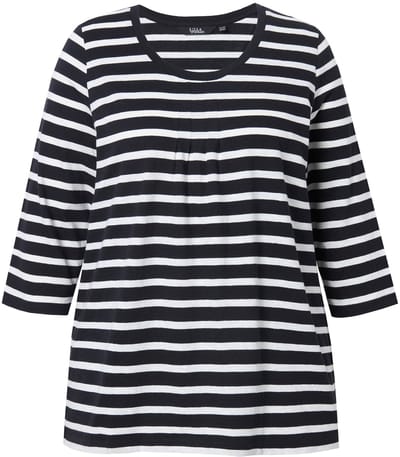 Ulla Popken - Dames - Shirt strepen A-lijn ronde hals sierplooien 3/4-mouwen - Zwart - Maat 46+