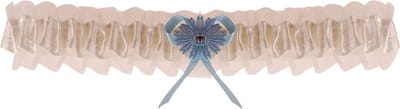 Kousenband grote maat - ivoor met blauw bloemetje en strass