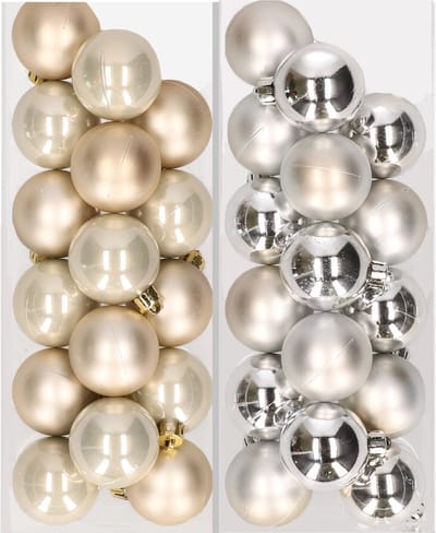 Kleine kerstballen - 32x st - champagne en zilver - D4 cm - kunststof - kerstversiering