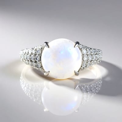 Cavill - 925 Sterling Zilver ring met platina coating - 3,726 ct Regenboog Maansteen en 0,778 ct Zirkonen pavé - elegante dames ring