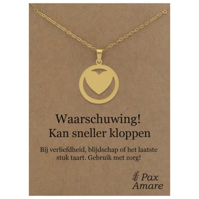Stainless Steel Hartje ketting op Cadeau Kaartje - Waarschuwing! Kan sneller kloppen - 45cm Goudkleurig Roestvrij Staal - Pax Amare