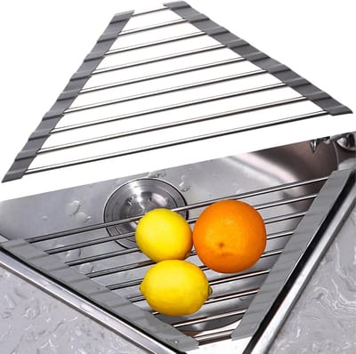 Triangulaire afwasrek van roestvrij staal - opvouwbare afvoer voor groenten, fruit en vaat - multifunctionele keukentool in grijs