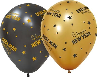12 ballonnen 12" 3 met goud / 3 zwart - Happy New Year Golden Celebrations