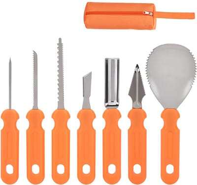 QTTVBTNA -7-delige roestvrijstalen pompoen snijset met opbergtas – professioneel Halloween snijgereedschap voor pompoenen, inclusief messen en accessoires – ideaal voor volwassenen en kinderen