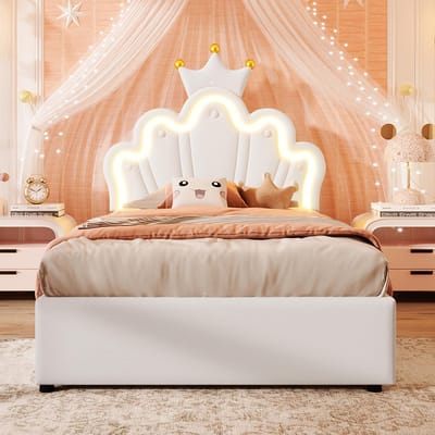 Gutent-Gestoffeerd bed hydraulisch-90x200cm-met LED-lichtlijst-verstelbaar hoofdeinde-prinsessenbed in kroonvorm-PU-wit-mont matras