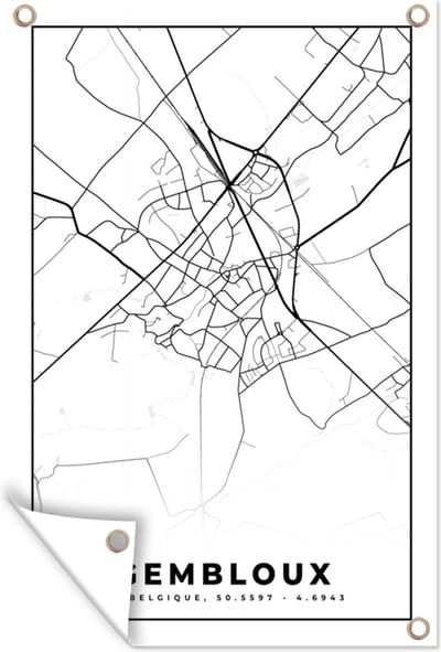 Muurdecoratie Kaart – Plattegrond – Stadskaart – Gembloux – België – Zwart Wit - 120x180 cm - Tuinposter - Tuindoek
