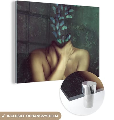 MuchoWow® Glasschilderij 160x120 cm - Schilderij acrylglas - Torso - Stilleven - Vlinders - Blauw - Foto op glas - Muurdecoratie woonkamer - Wanddecoratie slaapkamer - Schilderijen