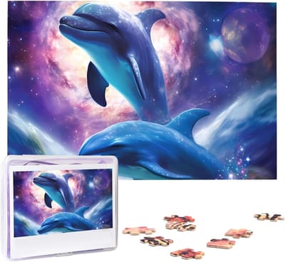 Houten Puzzel - Fotopuzzel Volwassenen - Ontspanning Thuis - Gepersonaliseerd Ontwerp - 1000 Stukjes - Galaxy Dolfijnen