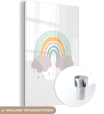 MuchoWow® Glasschilderij 120x180 cm - Schilderij acrylglas - Regenboog - Wolken - Regen - Kinderen - Pastel - Foto op glas - Schilderijen