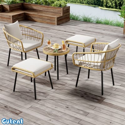 Gutent Garden Lounge 5-Delige Set-1 Eettafel-2 Stoelen-2 Krukken-Rattan-Natuurlijk