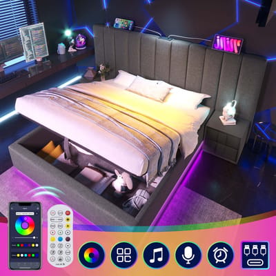 DESMIU Gestoffeerd Bed 180x200 cm – Tweepersoonsbed Met Led en Oplaadfunctie – Hydraulische Opbergruimte – Voor Slaapkamer – Linnen – Grijs – Zonder Matras