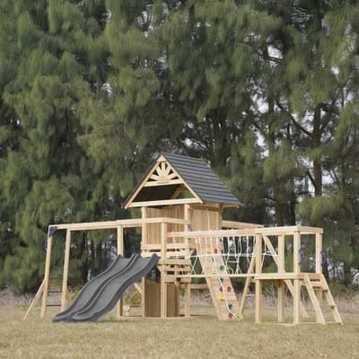 AXI Hunter Speeltoestel met Schommels, Klimrek, Klimbrug en meerdere Platforms – Grijze Dubbele Glijbaan - FSC 100% hout – Speeltoren voor de tuin / buiten