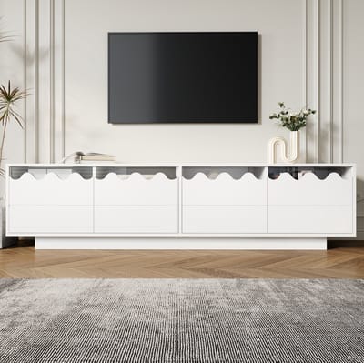 MEUNIQ TV-meubel 170 x 40 x 45 cm met 4 deuren en glazen legplanken, modern dressoir met golfdesign voor woonkamer of thuiskantoor, wit