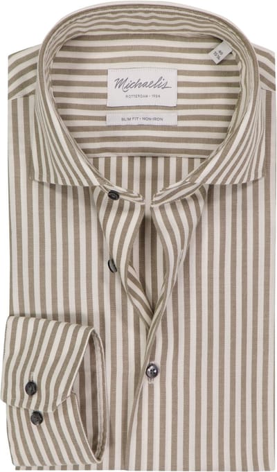 Michaelis slim fit heren overhemd - twill - olijfgroen met wit gestreept - Strijkvriendelijk - Boordmaat: 41