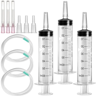 Set van 3 Herbruikbare Steriele Spuiten 60 ml met Slang, Botte Naald en Doseerspuit voor Laboratoriumdieren, Plantenirrigatie en Precisietoepassingen
