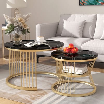 Set van 2 ronde salontafels, moderne woonkamertafels met metalen frame (45 cm en 70 cm), marmerlook met metalen frame (70x70x45,5 cm), zwart en goud, geschikt voor woonkamer, eetkamer, slaapkamer of balkon
