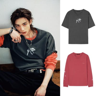 GUESS Korea Hyunjin Stray Kids Outfit Set Lange Mouw T-shirt Officieel Key T-Shirt - Charcoal - FF (Free) gray