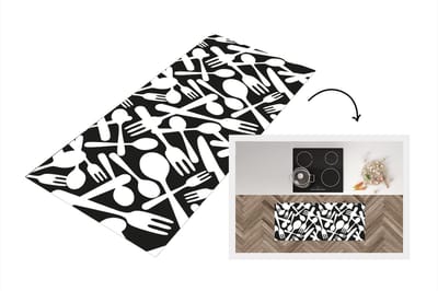 Keukenloper - Loper keuken - Bestek - Patronen - Zwart Wit - 120x50 cm - Keukenloper vinyl