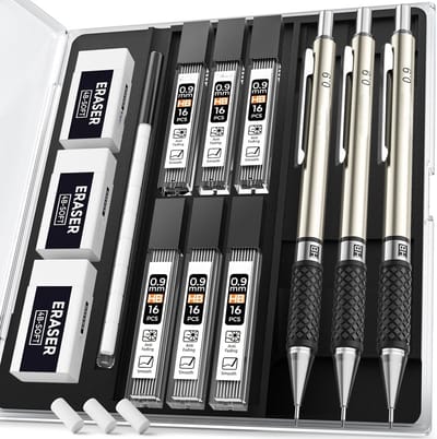 PromoHome 3 stuks 0,9 mm mechanische potloodset met etui, metalen tekenpotloden met HB loodvullingen, gummetjes en gumvullingen voor kunstenaars, studenten en professionals
