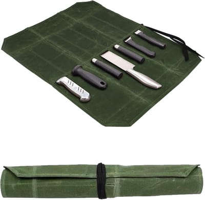 Keukenmes Opbergtas van Gewaxed Canvas met 7 Slots voor Koken, Kamperen en Hiking, Duurzaam en Handig
