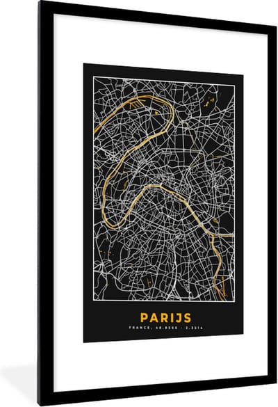 Fotolijst incl. Poster - Parijs - Stadskaart - Goud - Plattegrond - Kaart - 60x90 cm - Posterlijst