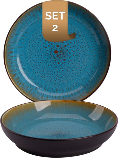 Palmer - Lotus - Bord diep - Pastabord - 2 stuks - ø 21 cm - Turquoise/Zwart - Stoneware - Bordenset