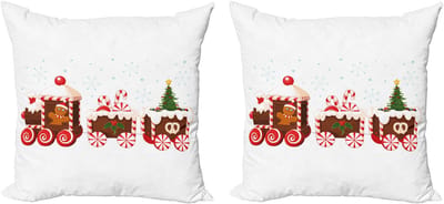 ABAKUHAUS Kerstkussenhoez set van 2, Peperkoektrein, 50x50 cm, Wit Bruin Vermiljoen