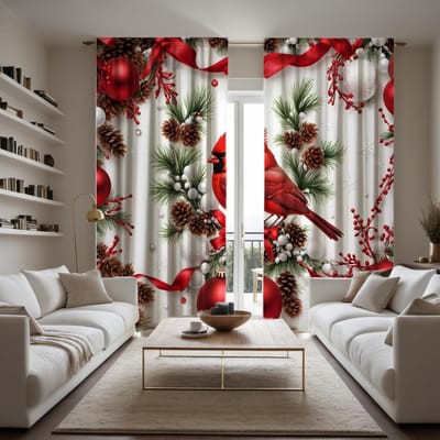 2 pièces HD Noël festif fruit rouge Branches d'oiseaux rouges sur rideaux décoratifs Rideaux imprimés numériques à cravate rouge Décoration de maison W52H63inchW132H160cm white