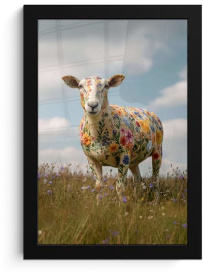 Poster in lijst - Fotolijst 20x30 cm - Posters - Schaap - Bloemen - Weide - Posterlijst zwart - Decoratie - Wanddecoratie woonkamer - Muurdecoratie slaapkamer