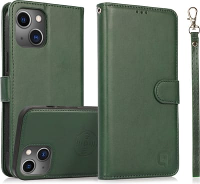 Perfeqt geschikt voor iPhone 14 Plus Uitneembare leer BookCase Hoesje - Dark Mint Green