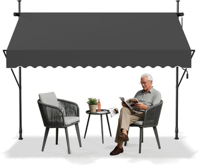 Froadp Klemzonwering Zonwering Balkon Balkonzonwering met handslinger Intrekbaar Handmatig Vouwarm UV-bestendig zonder boren Terrasoverkapping 100% polyester 250x120cm Donkergrijs