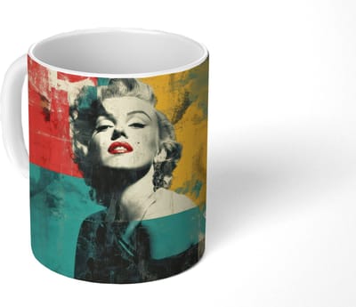 Mok - Koffiemok - Vrouw - Rode lippen - Abstracte kleurvlakken - Popartuistraling - Mokken - 350 ML - Beker - Koffiemokken - Theemok