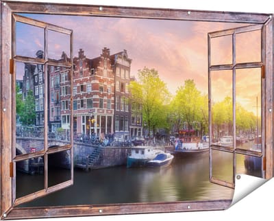 Gards Tuinposter Doorkijk Amsterdamse Grachten - 150x100 cm - Tuindoek - Tuindecoratie - Wanddecoratie buiten - Tuinschilderij