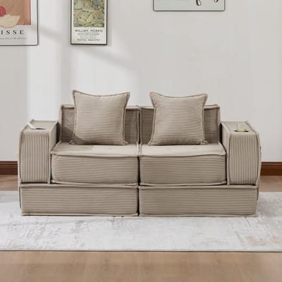 MODENUIT Zitbank 162 cm - Met Zijvakken, 2 Kussens En Lage Vorm - Voor Woonkamer En Leeshoek - Ribfluweel Khaki