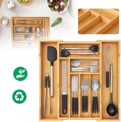 Uitschuifbare Bamboe Lade-Opbergdoos - Natuurlijk Hout Organizer Met Meerdere Vakken - Milieuvriendelijk Antislip Bodem - Voor Keukenmessen Bestek En Ander Keukengerei - 48x43,5 cm