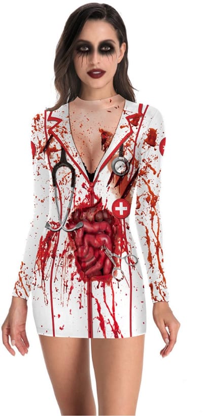 Joya Kids® Bloederige Sexy Zuster Kostuum | Halloween Verkleedjurk Dames | Korte Strakke Verpleegster Jurk met Bloed | Stretch | Carnaval & Halloween Outfit | Maat S