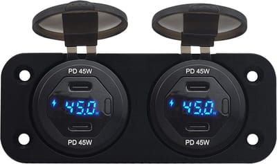 ProRide 12V USB C Autolader 4 Poorten Inbouw met Schakelaar en Wattagemeter - 45W - QC3.0 - Complete set - Blauw