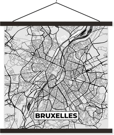 Posterhanger incl. Poster 60x60 cm - Schoolplaat - België – Bruxelles – Stadskaart – Kaart – Zwart Wit – Plattegrond - Textielposter - Zwarte latten - Stadskaart
