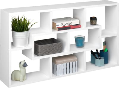 tectake® Wandkast met 8 vakken - Houten Hangplank - Wandmeubel - Afmeting (BxDxH) 85 x 16 x 48 cm - Inclusief bevestigingsmateriaal - Wit
