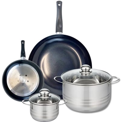 Set van 2 Koekenpannen 20 en 32 cm en 2 Kookpannen 14 en 24 cm Elo Prima Glanzend