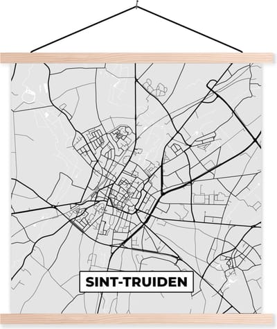 Posterhanger incl. Poster 40x40 cm - Schoolplaat - Stadskaart – Plattegrond – België – Zwart Wit – Sint Truiden – Kaart - Textielposter - Blanke latten - Stadskaart