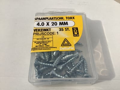 Hout schroef. 4.0 x 20 mm. lang. verzinkt. platte torx kop.35 stuks spaanplaat schroeven.deltafix.