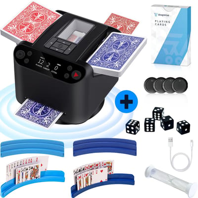 ShopWise Automatische Kaartschudder & Deler Bundel - 2 in 1 - Handsfree Kaarten Delen - 360° Rotatie - Oplaadbaar - 65dB Stil - Incl. Accessoires & 4 Controllers - Kaarten Deler Machine