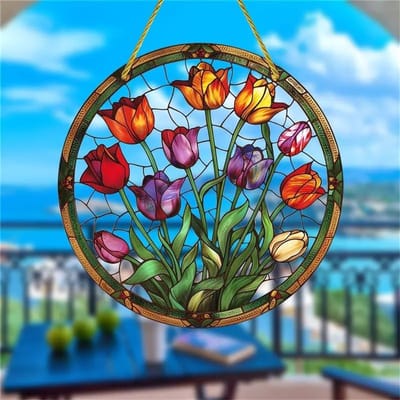 Kleurrijke Acryl Suncatcher met Tulpenmotief voor Raamdecoratie, Wanddecoratie en Verjaardagscadeau