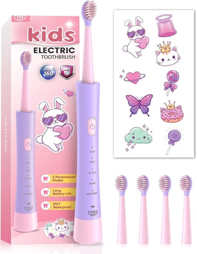 JTF Elektrische tandenborstel voor kinderen vanaf 3 jaar – Sonische tandenborstel met 5 poetsstanden, 4 opzetborstels, slimme timer, IPX7-waterbestendigheid en doe-het-zelf-stickers (voor meisjes)