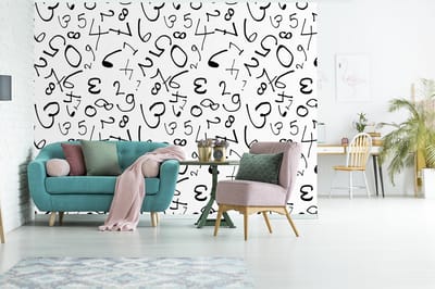 Behang - Fotobehang Nummer - Cijfers - Patronen - Zwart wit - Breedte 375 cm x hoogte 280 cm