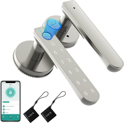 Slim Deurslot - Biometrische Deurknop - Sleutelloze Toegang - App Bediening Mogelijk - 25 x 18 x 7 cm - Nikkel
